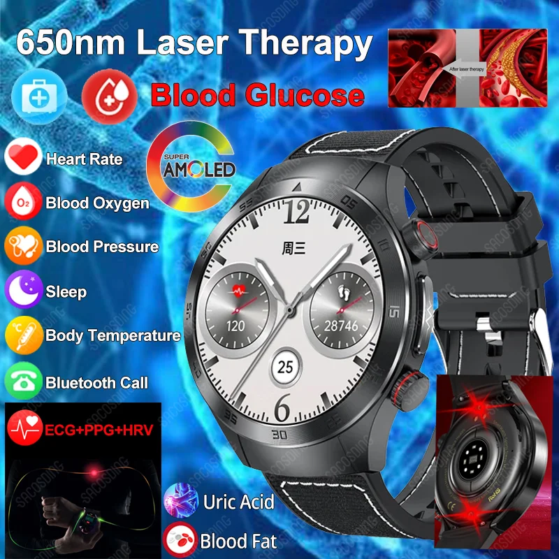 2024New Trattamento Laser Tre High Smart Watch Men Ecg Ppg Blood Sugar Health Tracker Smart Watch Bluetooth Call Per Android Ios