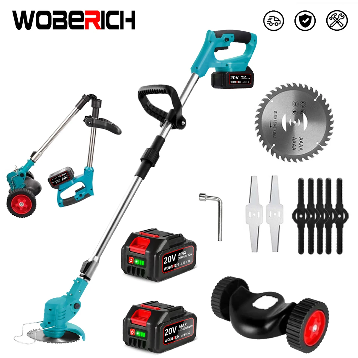 WOBERICH cordless electric lawn mower foldable grass trimmer adjustable garden pruning cutting power tools Makita WOBERICH battery
