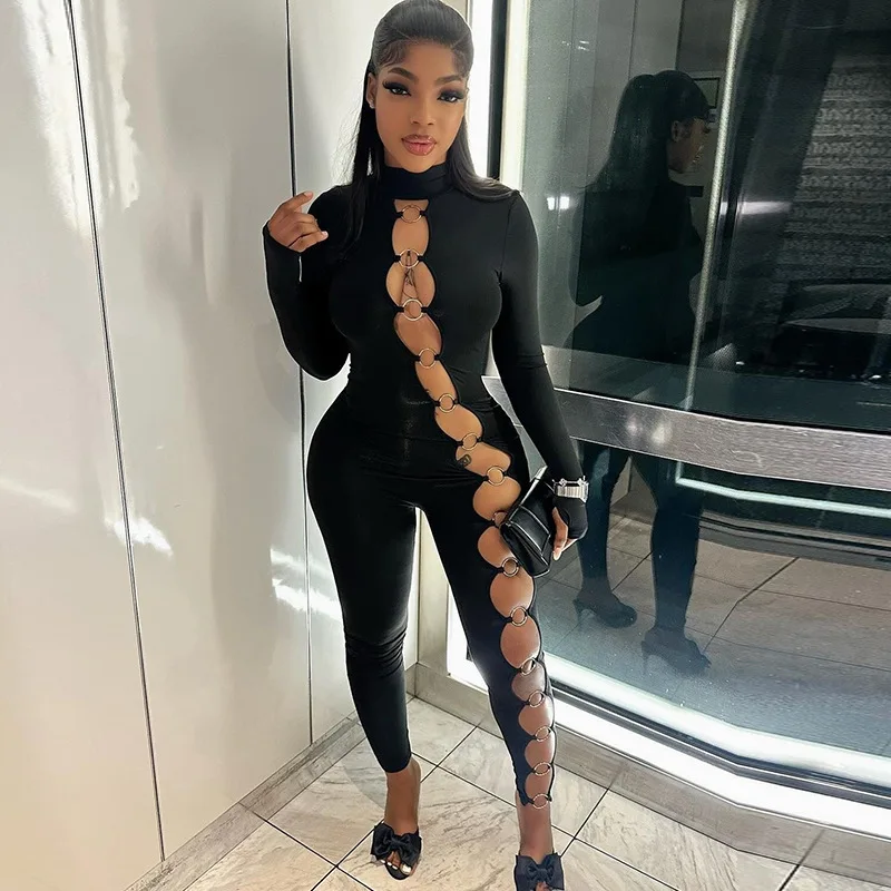 

Woman Long Sleeve Jumpsuit Solid Color Metal ring Hollow out Pencil Bodysuit S-L