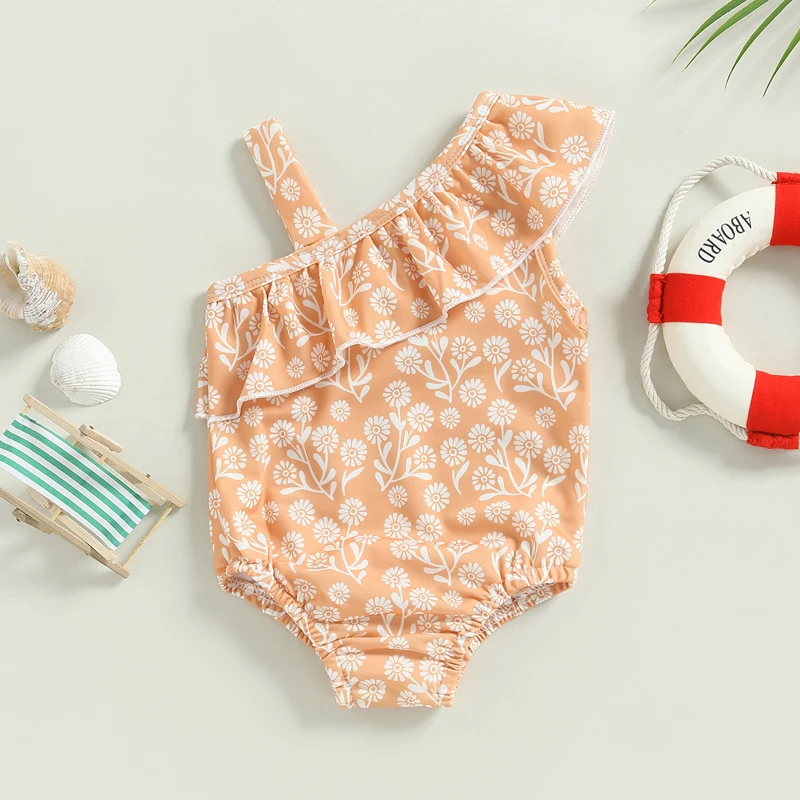 6M-2T Girls Summer Casual Cute Swimsuit Sleeveless One-Shoulder Floral Swimsuit Brown Pink