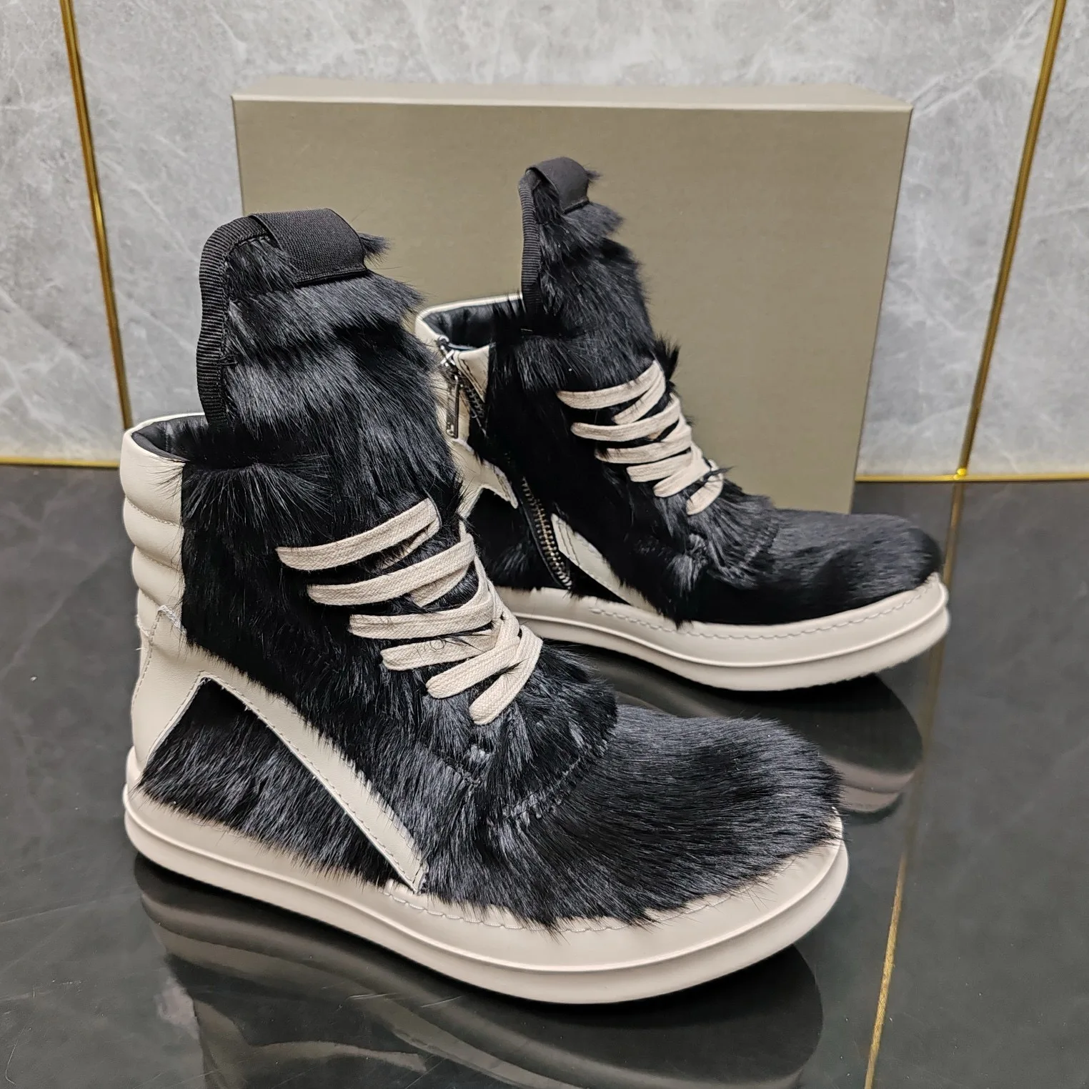 Ricks Pink Horse hair High Top Geobasket Owens Quality Men Shoe Zipper Women Sneaker Casual Owens Design boots & Shoes