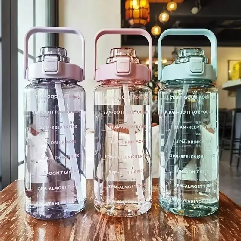 Water Bottle Sports Water Bottle Sports Bottle Plastic Water Bottle Plastic Cup 2L Straw Water Bottle Large Capacity Portable Drink Bottle With Time Marker for Outdoor Sports Fitness gourde