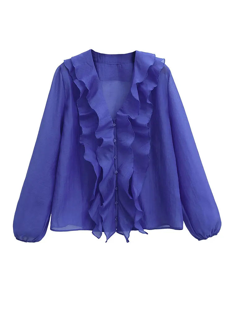 HH Women Fashion Ruffles Blouses V-Neck Button Long Sleeve Shirt Spring Summer Casual Office Lady Solid Chic Tops
