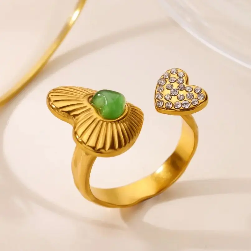 Green Zircon Heart Rings For Women Gold Color Stainless Steel