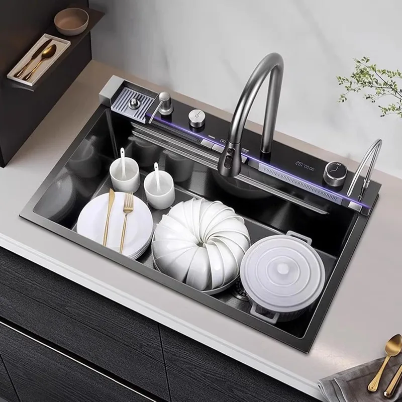 Black Kitchen Sink, Smart Waterfall Kitchen Sink  Drop in Kitchen Sink Workstation - 304 Stainless Steel Sink 4