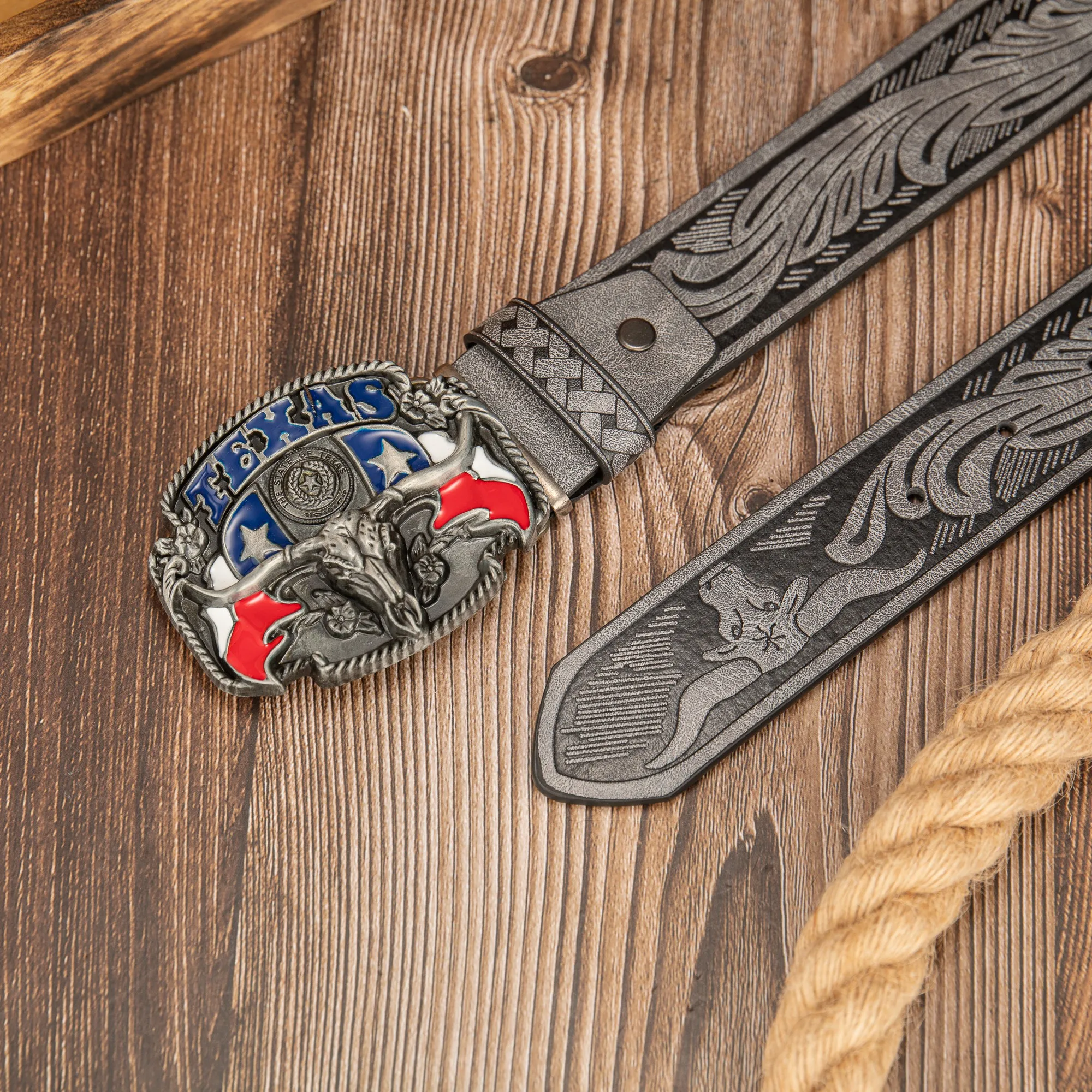 Vibrant Texas Bull Head Embossed Belt with Colorful Buckle Design