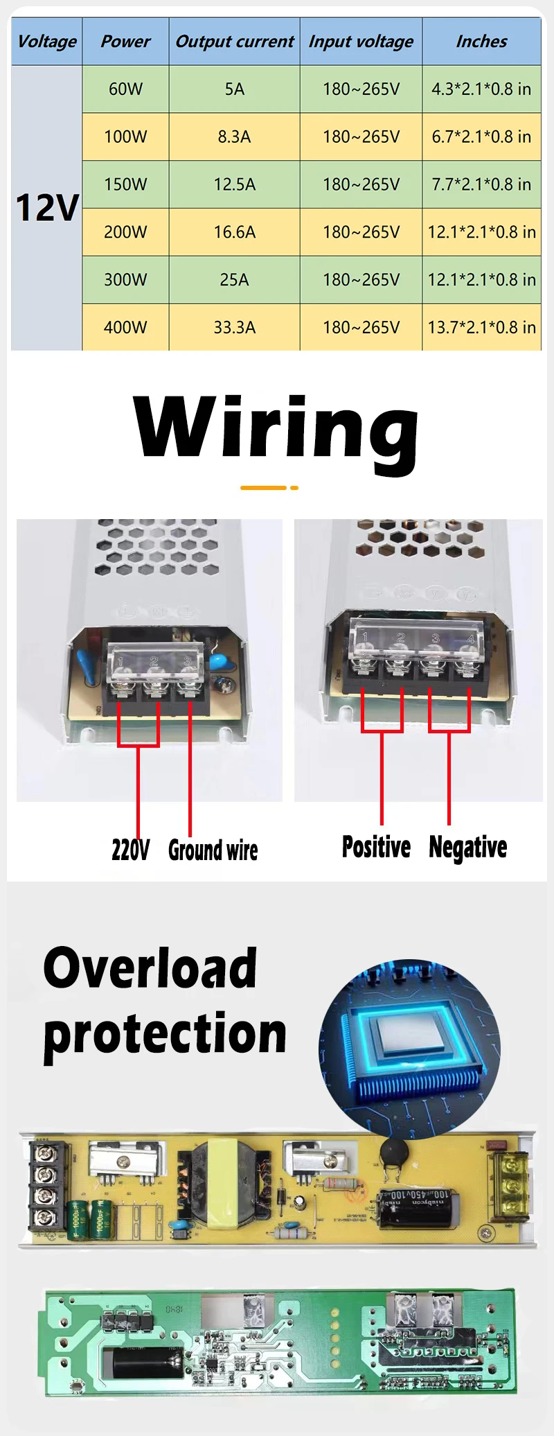 Description Picture 5 of itemLight Strip Transformer Input AC220V Output DC12V 24V Switch Driver 5A 12A LED Light Strip Power Adapter 60W 100W Power Adapter