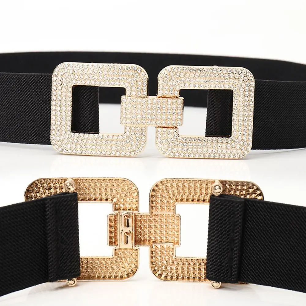 Exquisite Wide Stretch Waistband Solid Color Casual Waist Strap Rhinestone Buckle Waist Belts Clothing Decoration