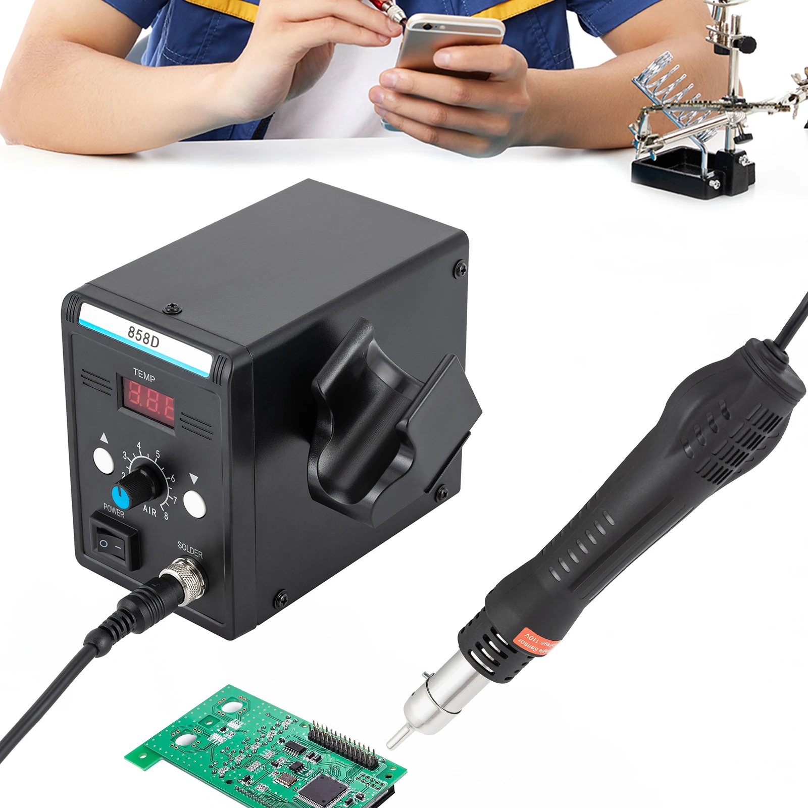 Hot Air Refining Station 220V SMD Soldering Station with Heat Gun Set LED Screen Display Hot Air for Electronics Desoldering