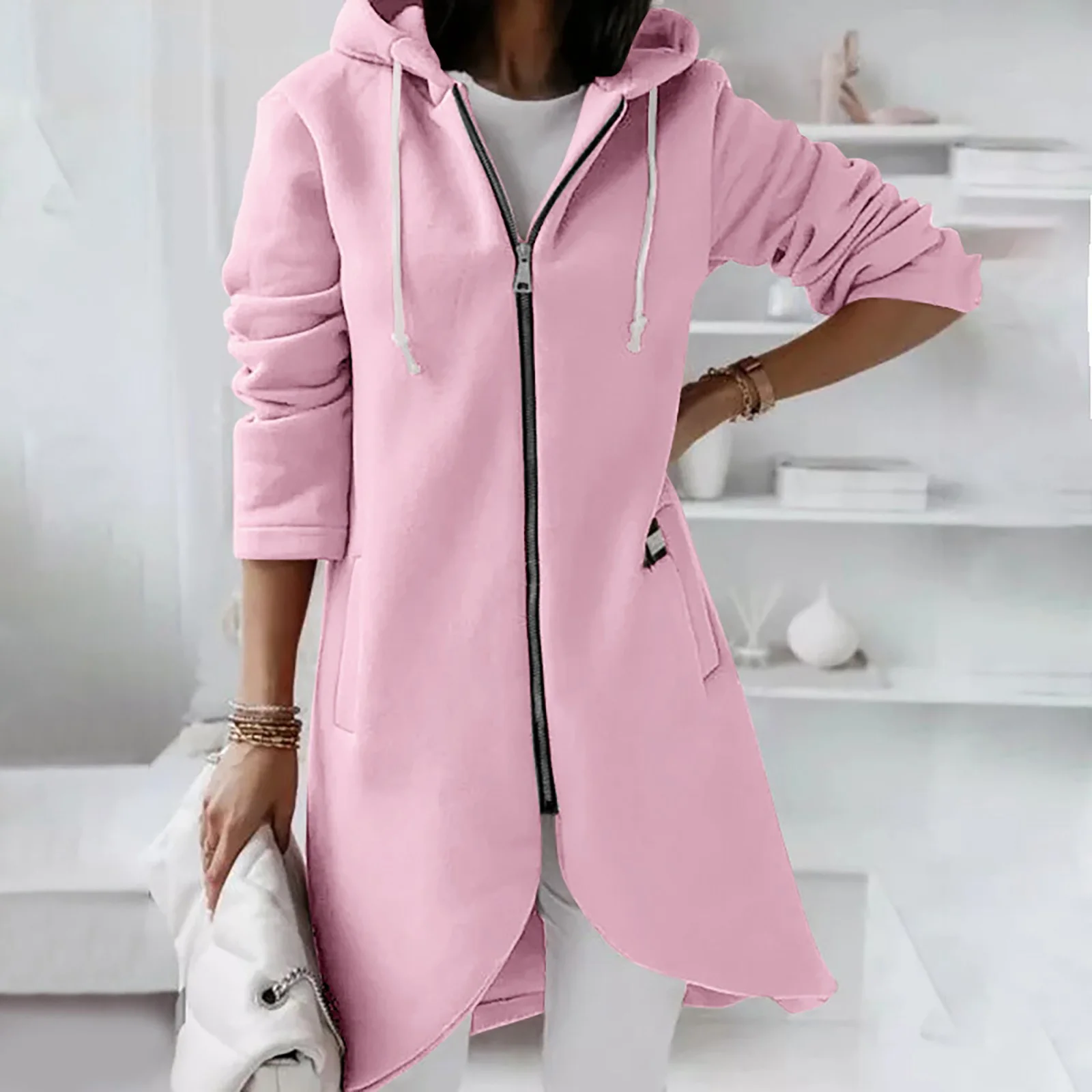 

Women's Long Tunic Hooded Sweatshirt Zip Up Jacket Available in Different Colors and Sizes Perfect for Casual Wear