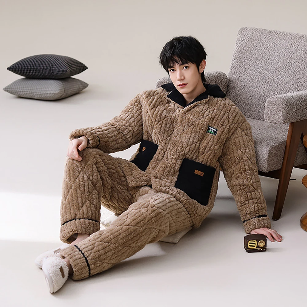 3-Layer Coral Fleece Super Thicken Men's Winter Sleeping Pajamas Set for Sleeping Warm Windproof Sleepwear Casual Plaid Pajama