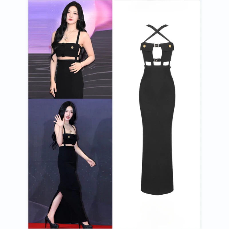 

Kpop корейский Костюм певицы для танца шеста для выступлений женское сексуальное черное длинное платье на бретелях с вырезами одежда для концерта сценическая одежда