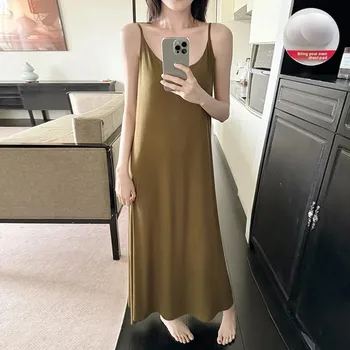 Summer Loose Women's Sleep Dress Pure Color Strap Vest Dress with Chest Pad Home Sexy Desire Style Casual Comfortable Dress