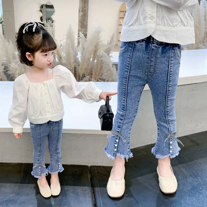 Blue Denim Kids Jeans Girls Cute Embroidered Trousers