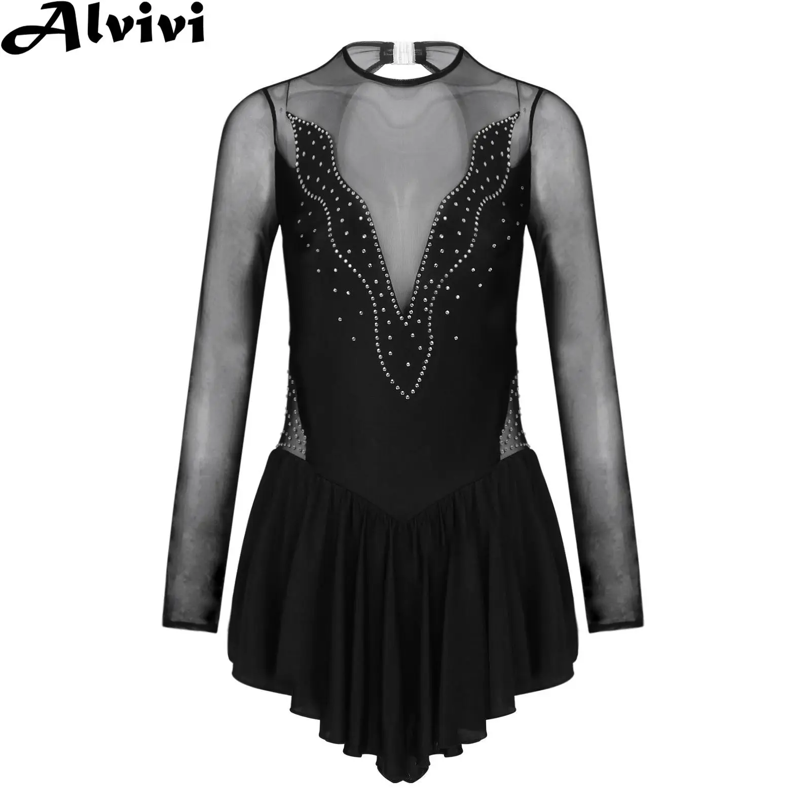 Women Figure Ice Skating Leotard Dress Long Sleeve Shiny Rhinestone See