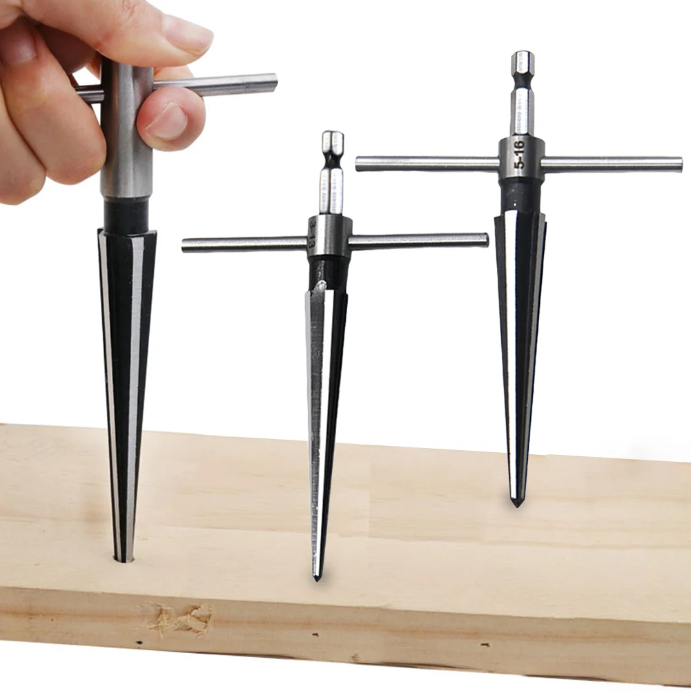 3-16mm 5-16mm Bridge Pin Hole Hand Held Reamer Set T Handle Tapered 6 Fluted Chamfer Bit Reaming Woodworker Core Drill Tools