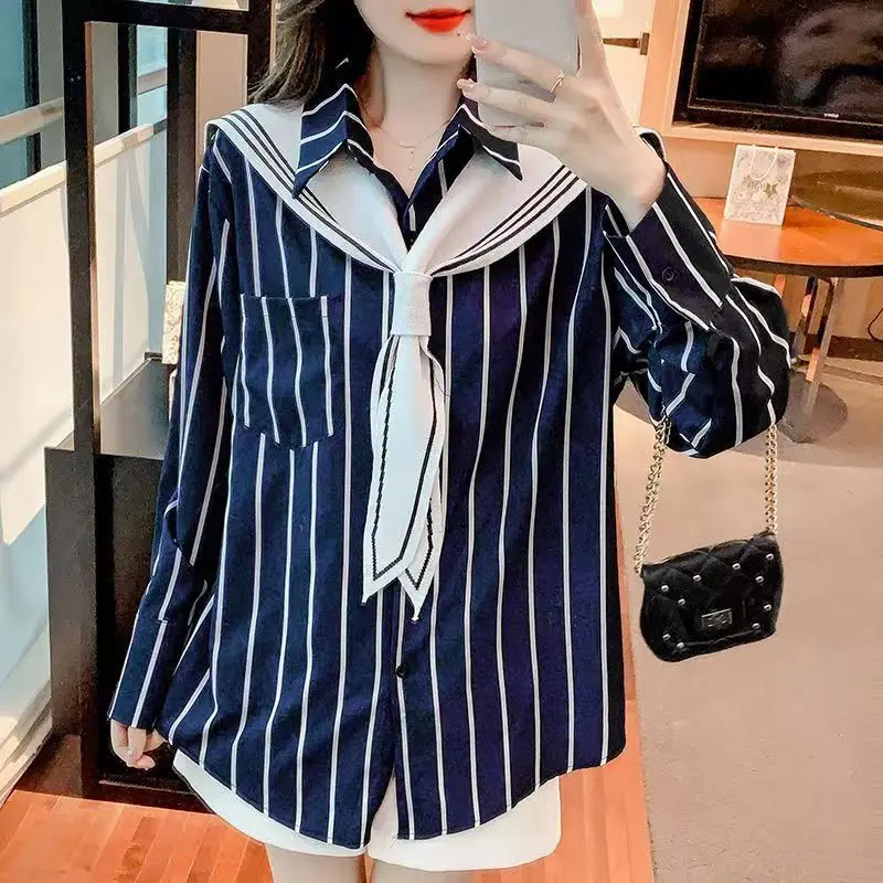 Fashion Pockets Lace Up Striped Fake Two Piece Shirt Female Clothing 2023 Autumn New Korean Tops Casual Blouse women s jeans korean version was thin and high nine points jeans summer loose stitching fake pockets wild straight pants female