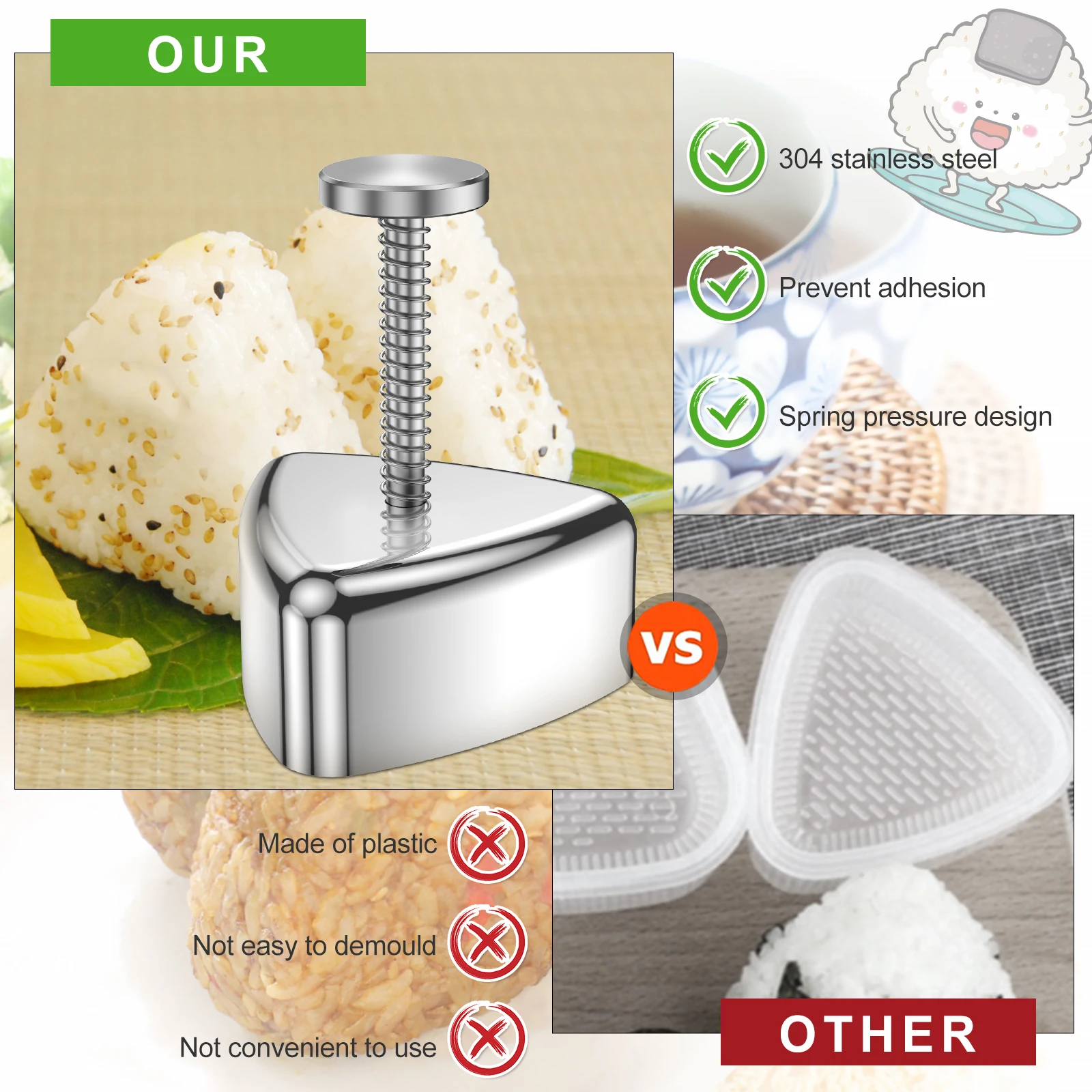 Onigiri Mold 304 Stainless Steel Rice Ball Mold Non-Stick Triangle Sushi DIY Tool Portable Triangle Spam Musubi Rice Sushi Mold Onigiri Mold Sushi Maker Rice Ball Mold Sushi Tools