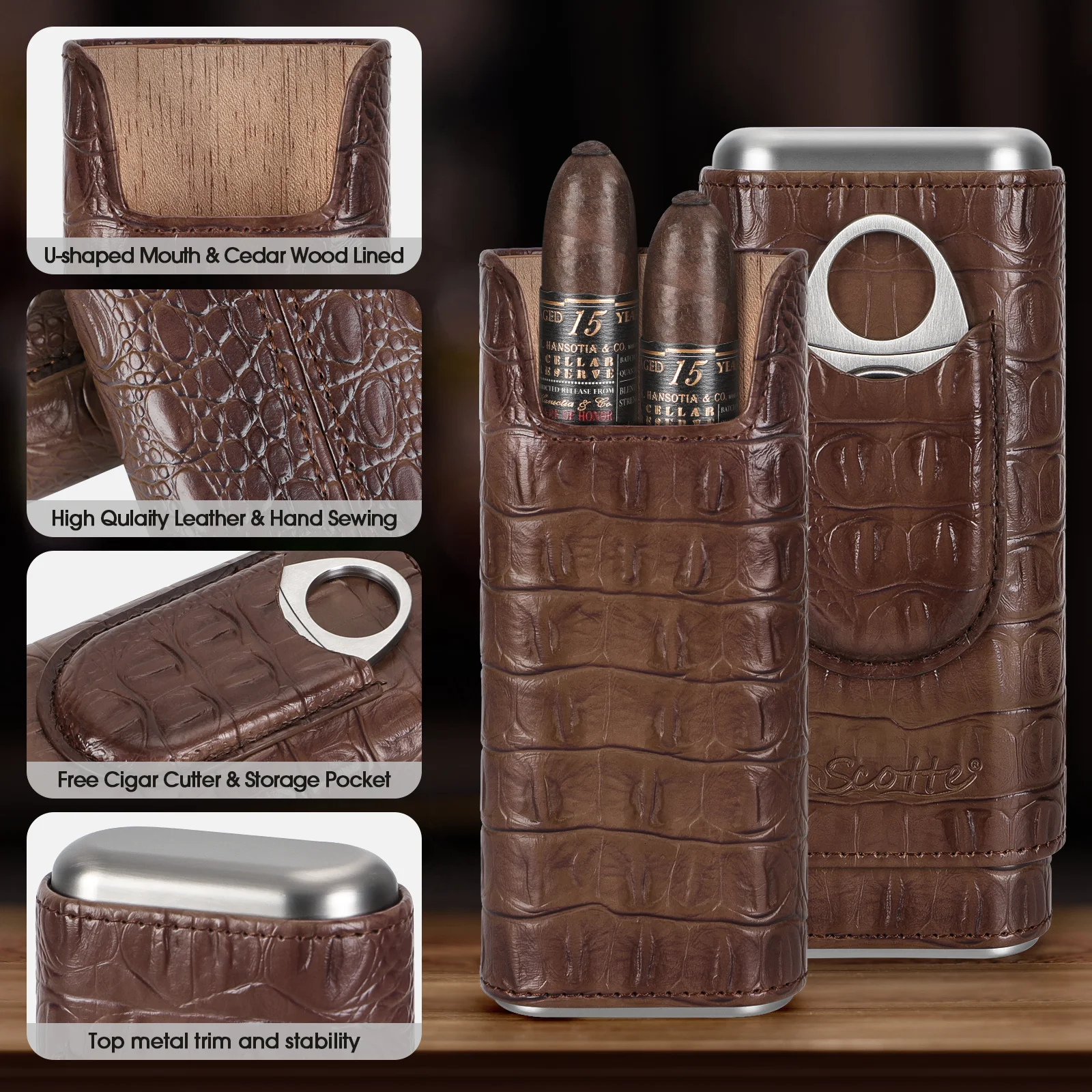 Scotte Cigar Case Leather Cigar Travel Case Cedar Wood Portable Humidor Box Cutter Elegant Box Men smoking accessories tobacco smoking accessories tobacco humidor jar