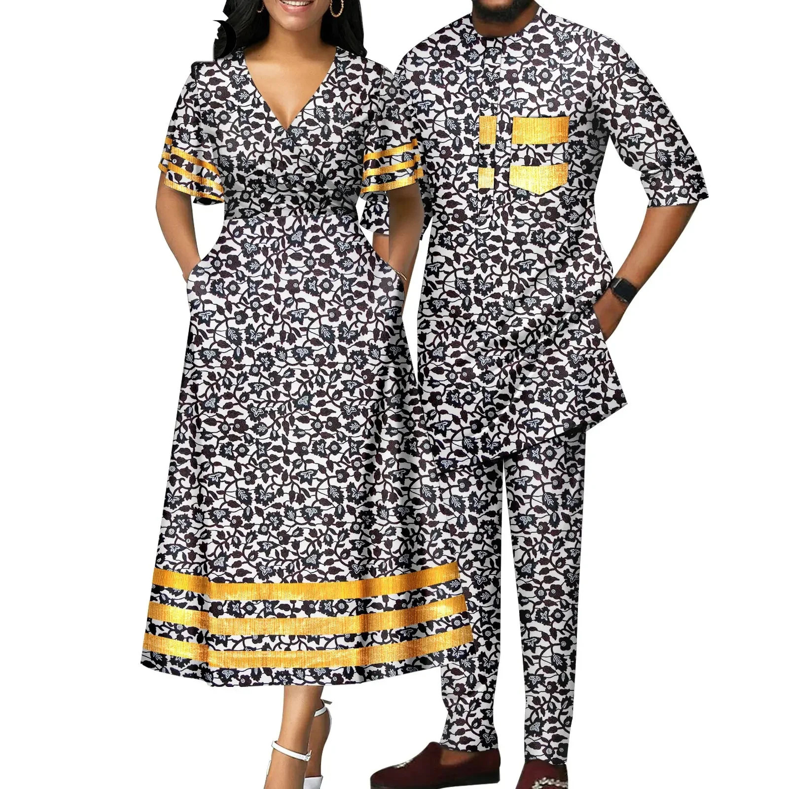 Abi con stampa africana per donna Coppia abbigliamento coordinato per matrimonio Abi da uomo Dashiki Top e pantaloni Set Bazin Riche Y23C030  200000532