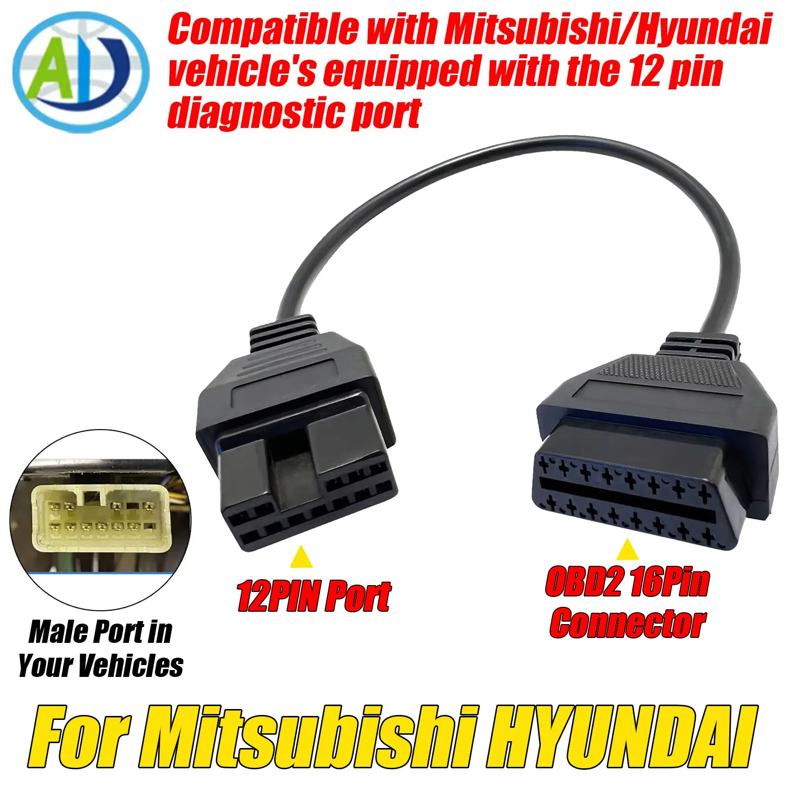 OBD2 Kabel Für Mitsubishi HYUNDAI 12Pin OBD1 zu OBD2 Auto Adapter OBD2 Diagnose Stecker OBD1 Verlängerung Kabel Arbeit mit ELM327 – Detail 1