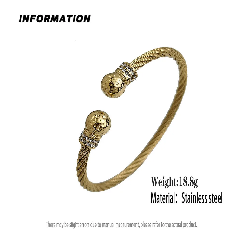 Wire twisted double ball zirconia stainless steel gold plated 18K bracelet, high quality waterproof silver jewelry, couple gift 6