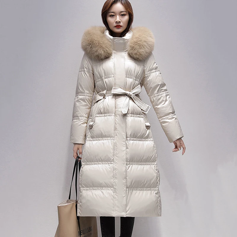 New High-Grade Women\'s Fox Fur Collar Down Jacket Winter Coat Cold 90% White Duck Down Outerwear Long Hooded Parker Overcoat