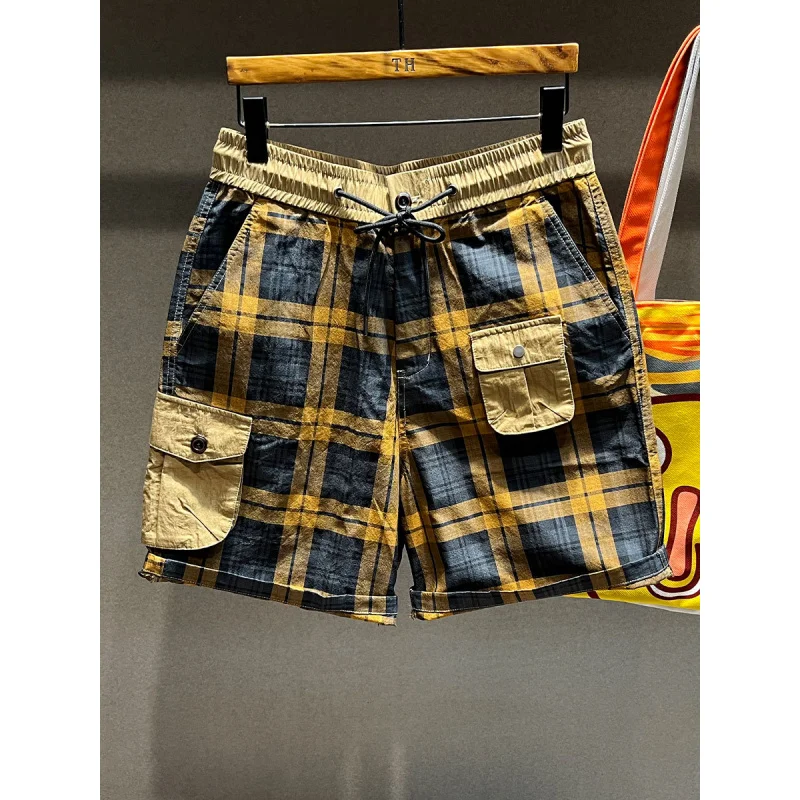2024 New Summer Plaid Artistic Retro Japanese High Street Sports Casual Shorts Men's Loose Fashion Brand Shorts