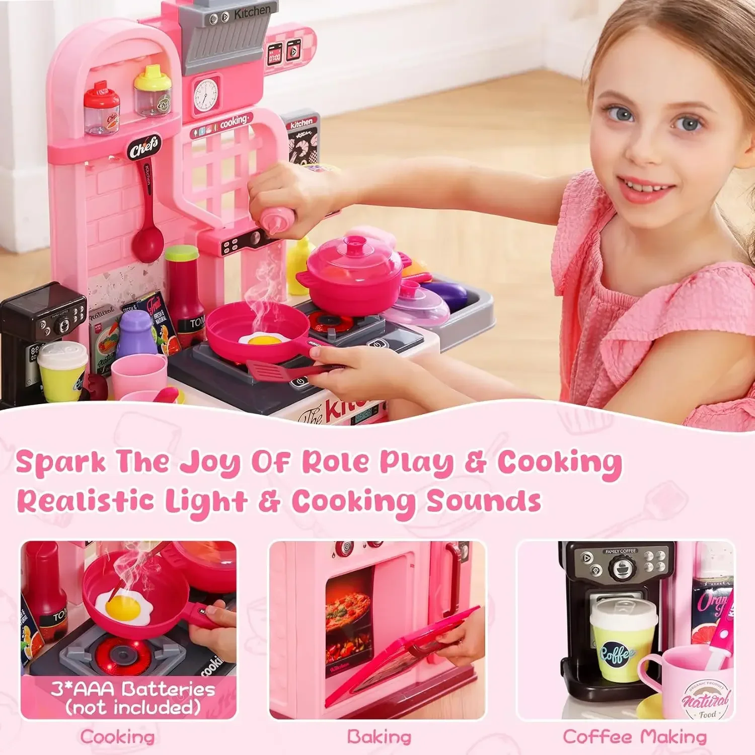 Kitchen Toys Pretend Kitchen Toys Kitchen Sink Toys Kids Kitchen Playset Kitchen Set for Toddlers 1-3 3-5 Cooking Stove Play Sink and Kitchen Accessories Toy (Pink)