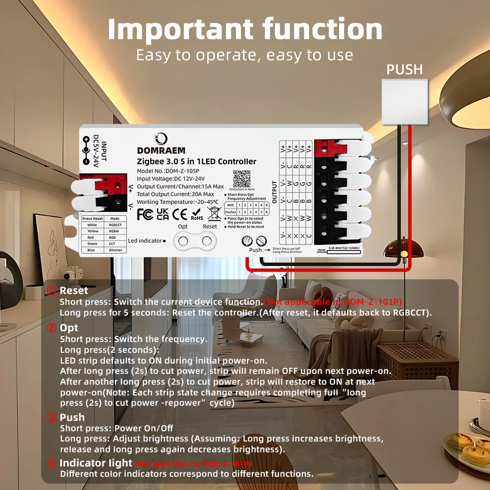 DOMRAEM 20A Zigbee3.0 5-in-1 / 3-in-1 / RGBCCT LED-Streifen-Controller Intelligenter Dimmer Kompatibel mit HU*E SmartThings Tuya Smartlife Alex – Detail 14