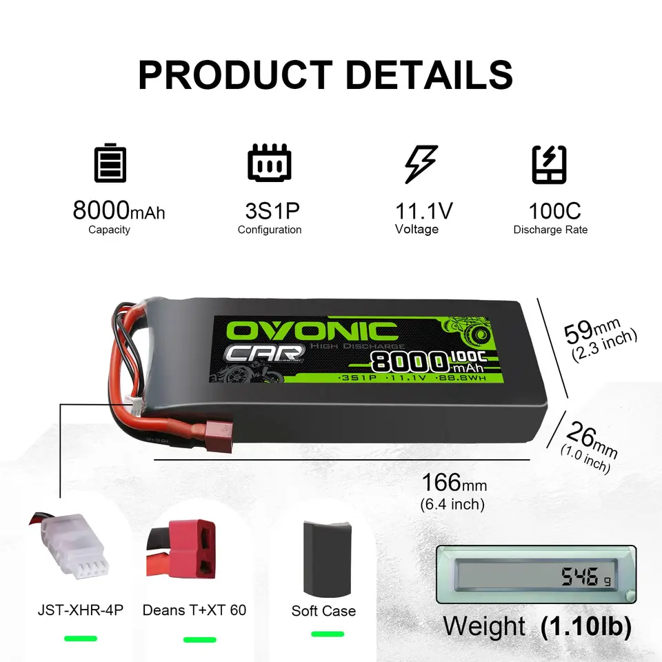 OVONIC 3s Lipo battery 8000mAh 11.1V 100C with T-connection for RC Truck Truggy
