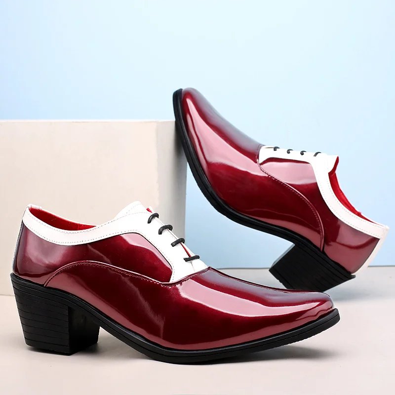 Classic Glitter Leather Men's Dress Shoes Fashion Red Mirror Luxury Shoes Men Increasing-height Heel Men Footwear