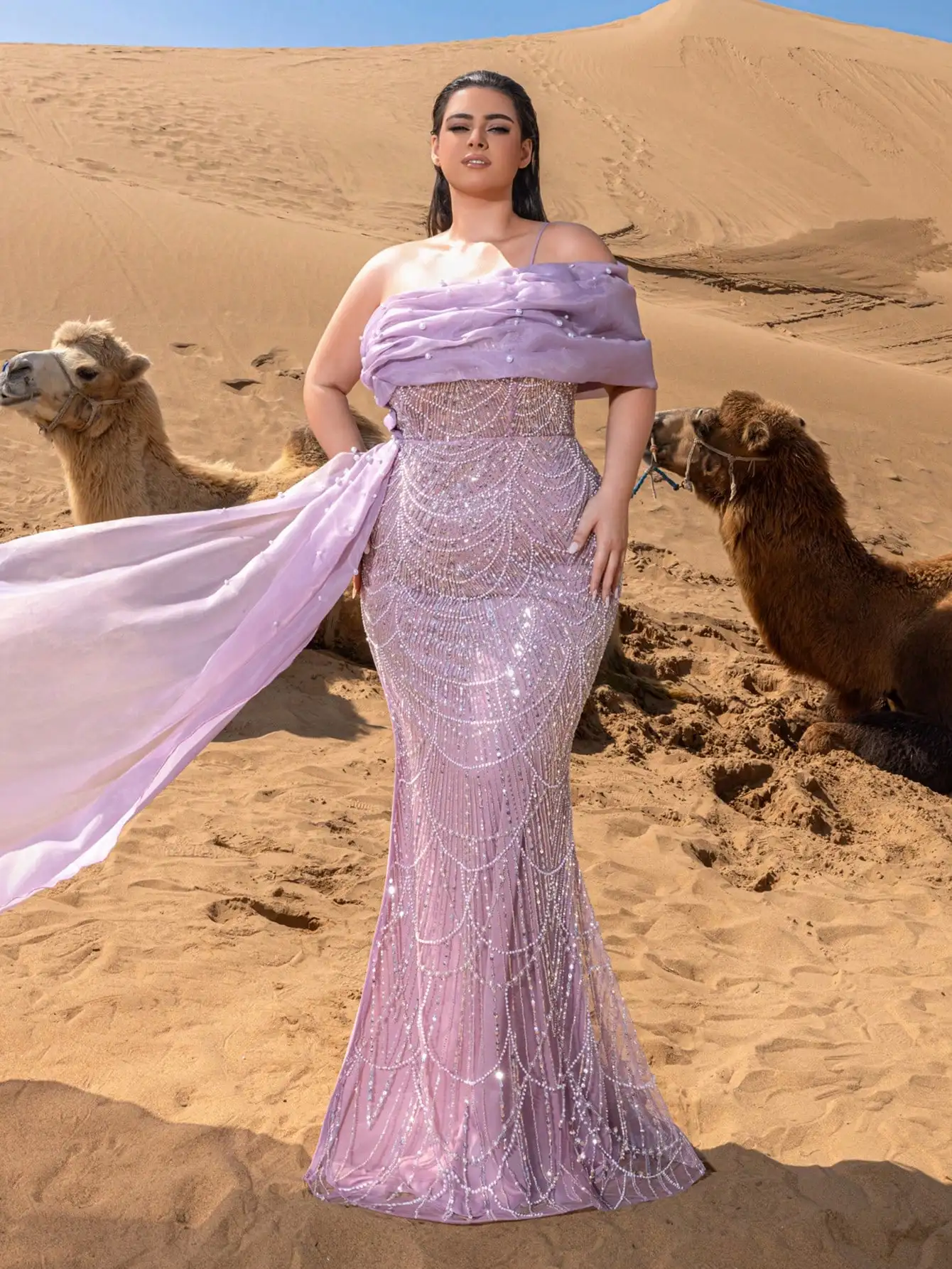 فساتين سهرة حورية البحر مطرزة بمقاس كبير مع خط عنق...