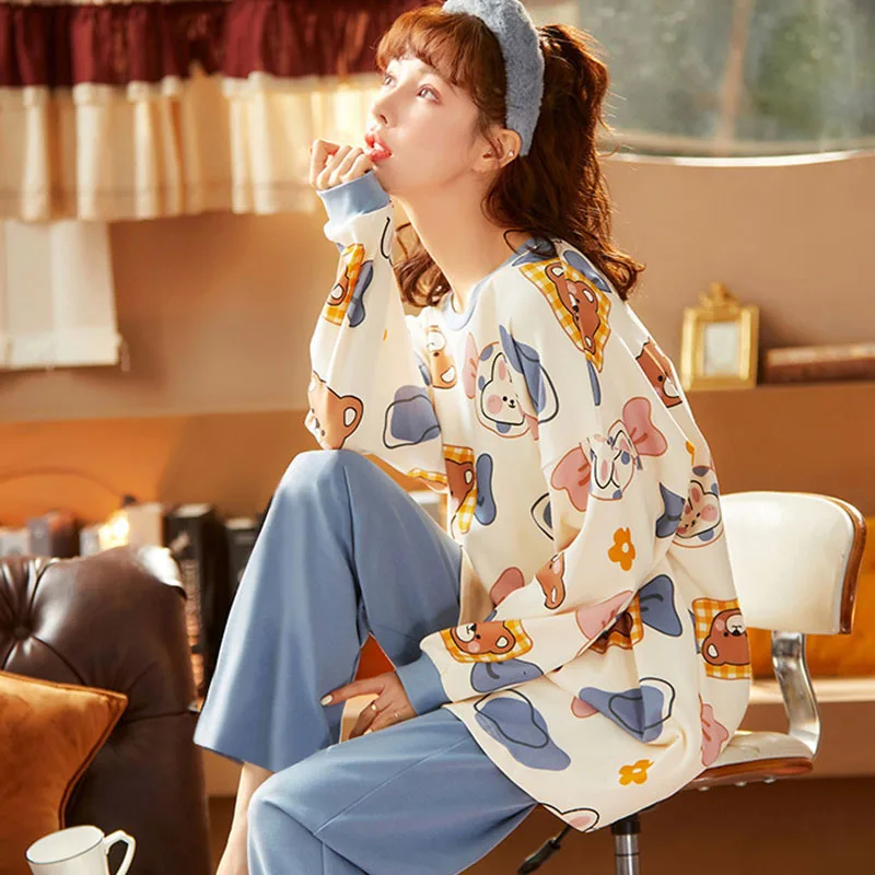 Women 2 Pieces Pajamas Sets 100% Cotton Pijama Print Female Pyjama Sleepwear Long Sleeve Shirt Pants Suit Homewear Loungewear