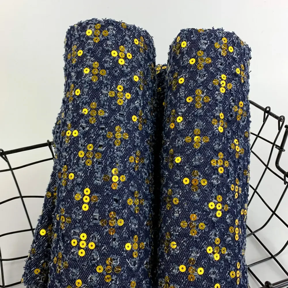 Gold Sequin Embroidery Craft Ripped Single-Layer Denim Jean Fabric for Streetwear Denim Jacket
