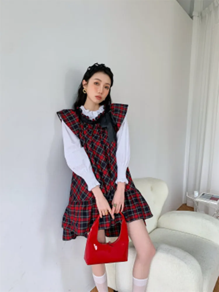 

BULOCHOVA Original Designer Fall Sweet Girl Midi Dress Women Pullover Bow Red Plaid Sleeveless Casual Vestidos 2022 New