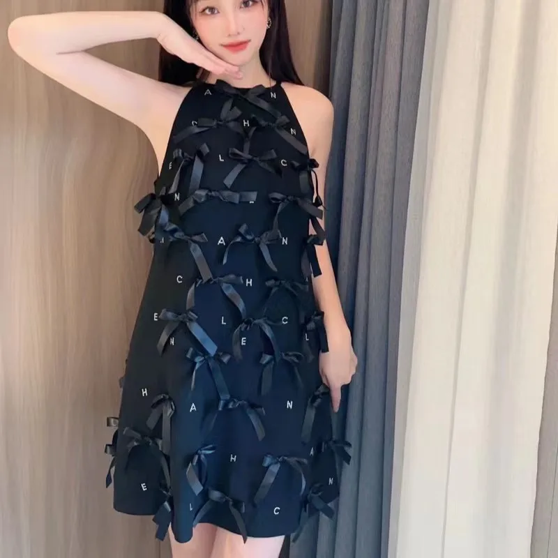 

Luxury Designer Summer Bowknot Letters Drill Spaghetti Strap Dress For Women French Fashion Sleeveless Party Vestidos 2023 New
