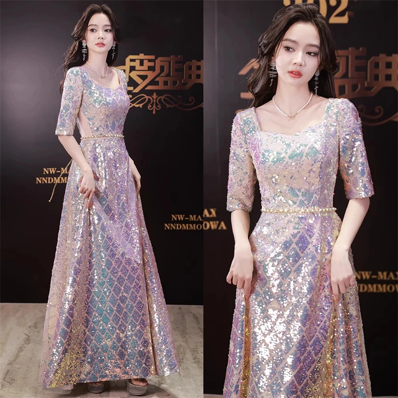 

High-End Banquet Evening Dress Annual Meeting Hosting Temperament French Sequins Tight Waist Long Dress Women's (Including Belt)