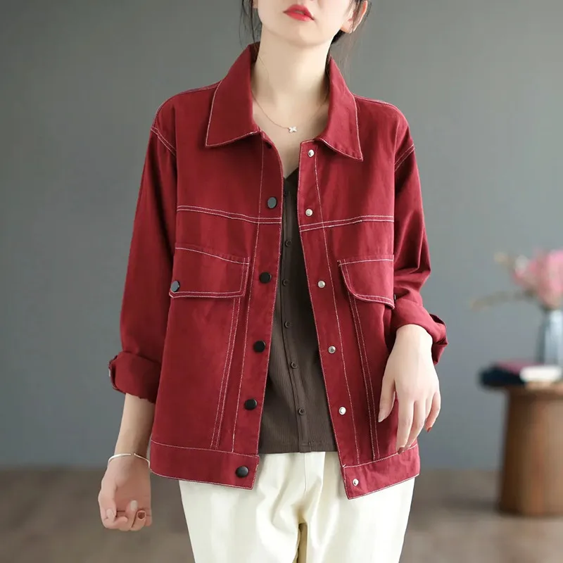 

Women Casual Jackets New Arrival 2023 Autumn Vintage Style Turn-down Collar All-match Loose Female Solid Color Outerwear Coats