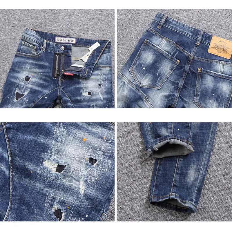 Street Fashion Men Jeans Retro Blue Slim Fit Spliced Designer Biker Jeans Homme Hip Hop Hole Ripped Pants Men Vintage Trousers