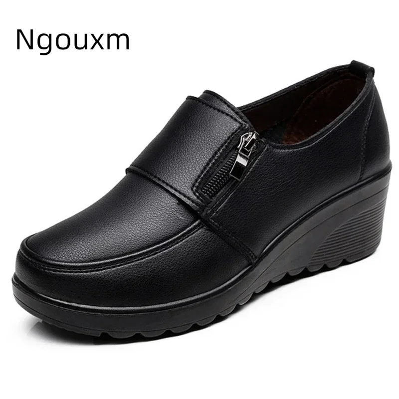 Ngouxm Spring Autumn Women Pumps Wedges Shoes Woman Genuine Leather Casual Shoes Mother High Heels Shoes