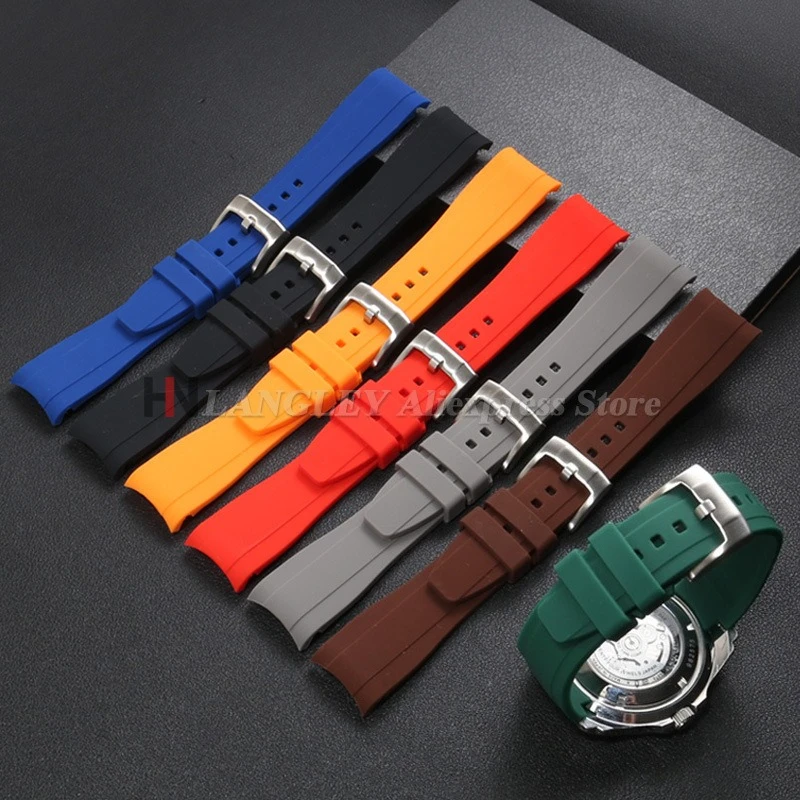 Curved End Silicone Waterproof Wristband Rubber Strap, 20mm/22mm