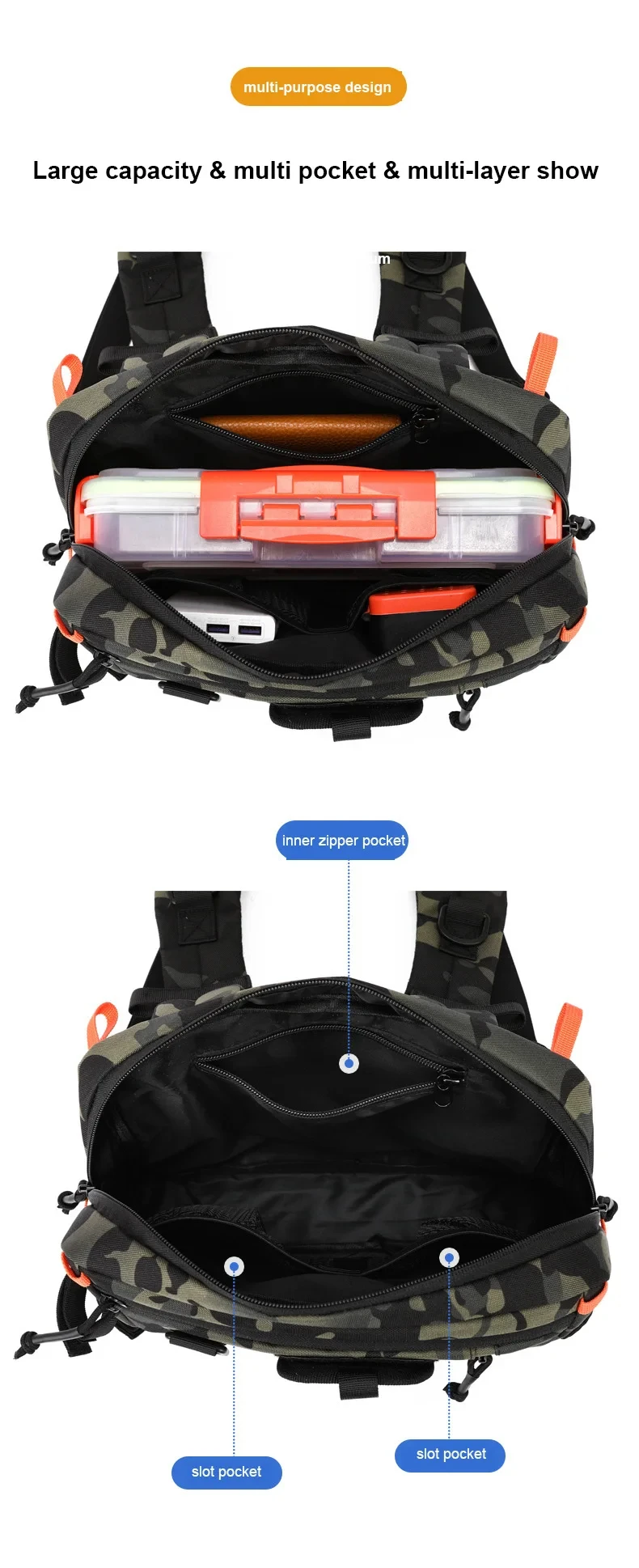 Anglerweste mit Tasche für Herren, Tarnmuster, Angelköder-Aufbewahrung, Multifunktionale Brusttasche für Outdoor, Bergsteigen, Camping, Wandern, Jagd und Radfahren – Detail 6