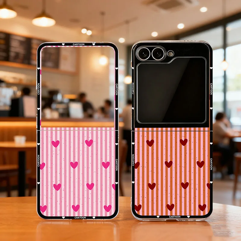 INS Korea Simple Cute Pink Love Heart Striped Clear Hard Folding Phone Case