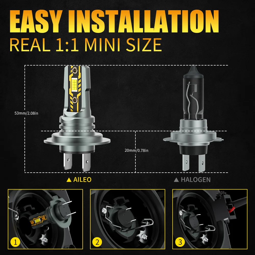 2Pcs H7 LED Lights 200W 22000LM Headlight Bulb 6500K Mini Size Design Wireless For Car Lamp CSP 5570 Chip White Plug&Play
