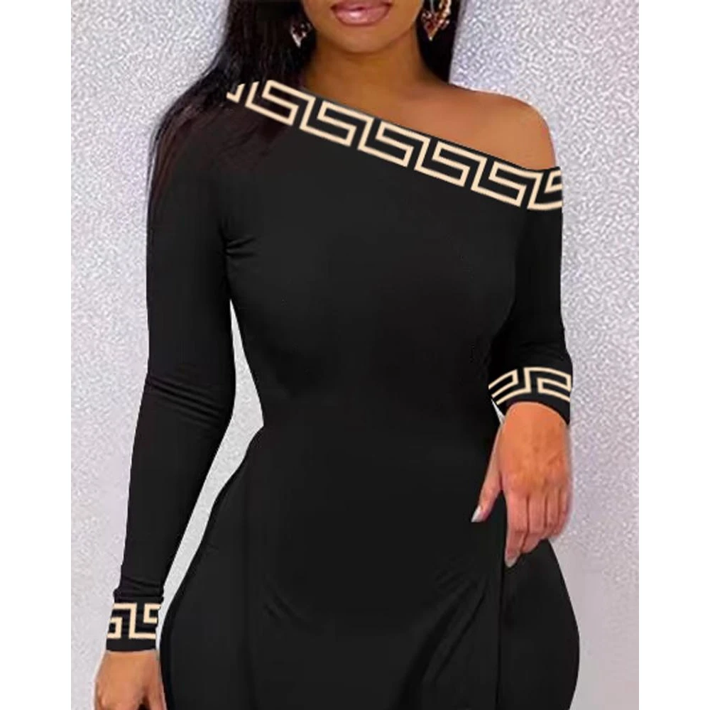 2023 Women Geo Print Split Hem Long Sleeve Top & Skinny Pants Set Casual 2 Piece Black Outfits Tracksuit Sets Woman Clothing