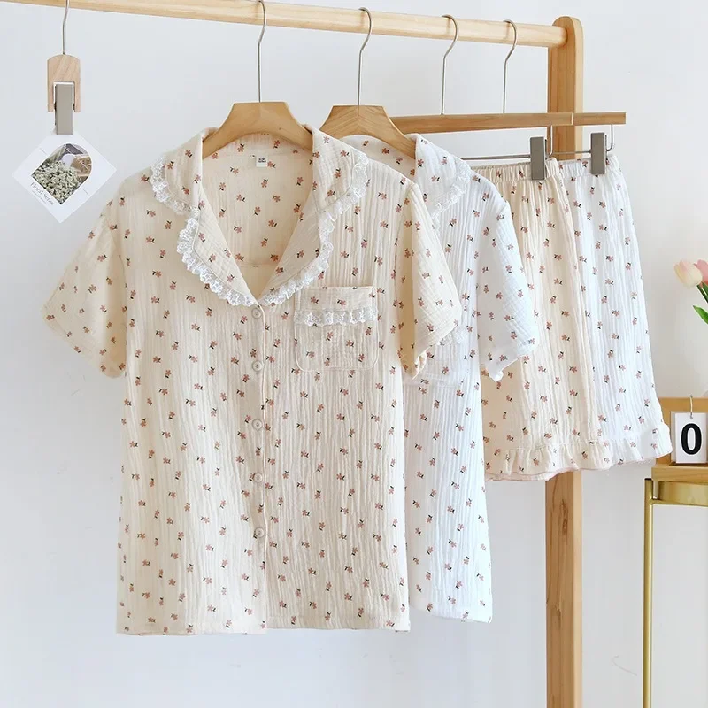 

NEW Gauze Cotton Pajamas Flower Print Kawaii Sleepwear Korean Style Lace lapel Short Sleeve Shorts Suit Sweet Women Clothing