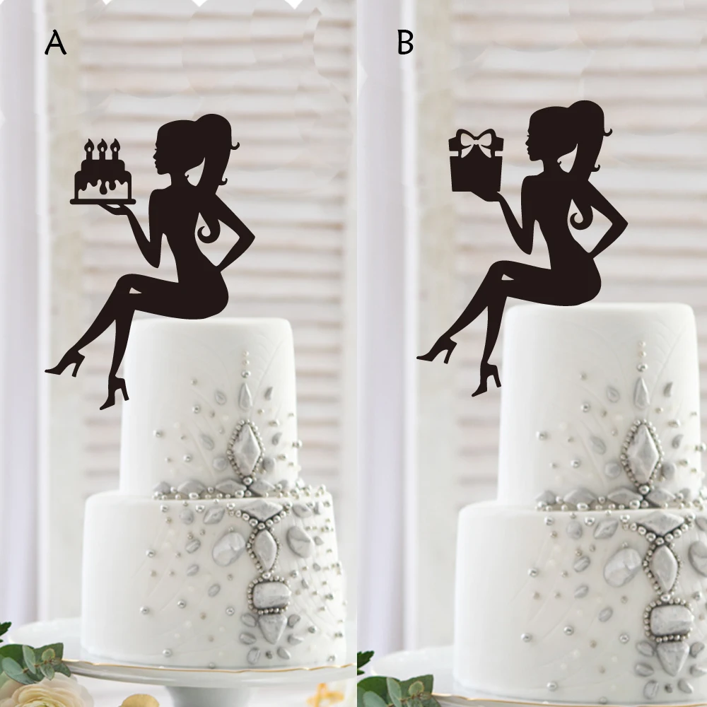 

Sitting Woman Silhouette Girl Bridal Shower Happy Birthday Cake Topper Lady Elegant Sweet Party Cake Topper