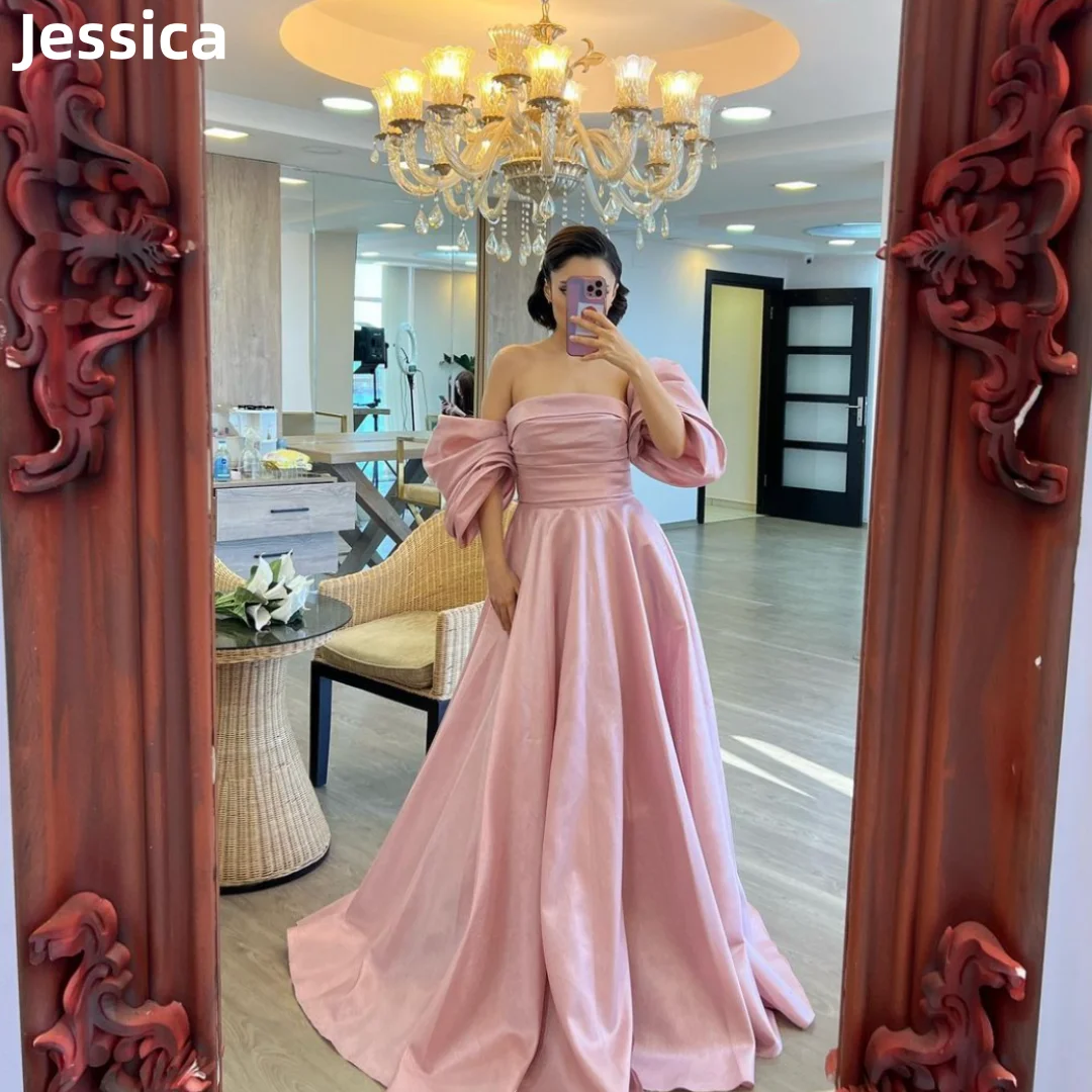 

Jessica Pink Prom Dresses Strapless Puff Sleeves Evening Dresses Special Occasion Wedding Formal Party Dresses Robes De Soirée