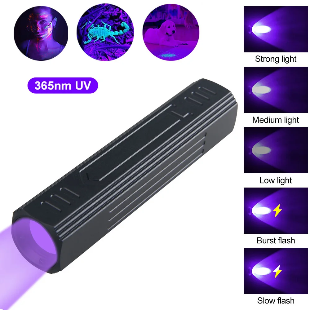 

Мини фонарик с УФ светодиодами, нм, USB, перезаряжаемый, масштабируемый, с черным цветом, 5 режимов, ультрафиолетовый, портативный фонарик с пятнами мочи животных, скорпион